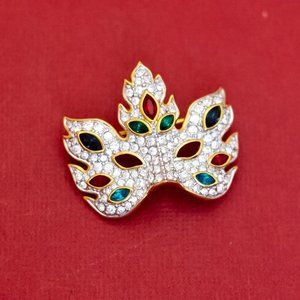 Vintage Flame Rhinestones Masquerade Mask Brooch - F48